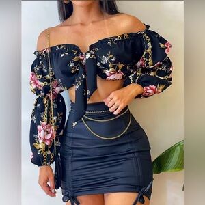 New Floral Off-Shoulder Black Top with a skirt size M